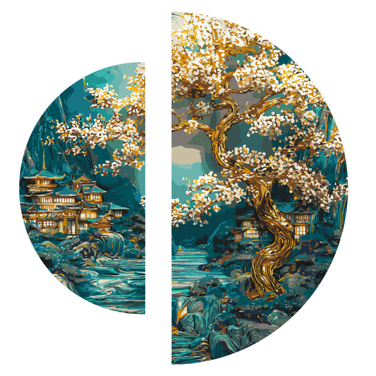Maľovanie podľa čísel na ráme ⌀50 cm + ⌀70 cm - Japonský úsvit - Krajinka s metalickými farbami - OSR 1009