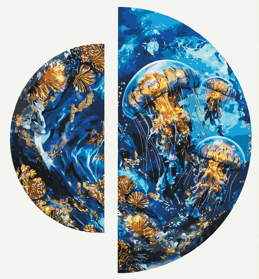 Maľovanie podľa čísel na ráme ⌀50 cm + ⌀70 cm - Hlbiny oceánu - Zvieratá s metalickými farbami - OSR 1014