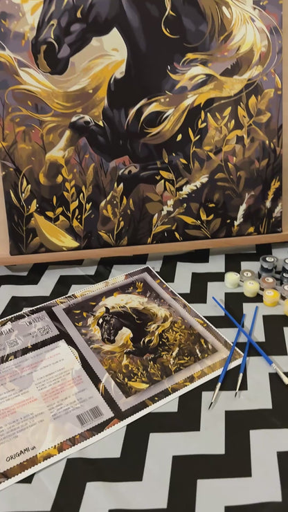 Paint by Numbers on a 40*50 cm frame Animals. Black horse with Metallic Paints LW 31200